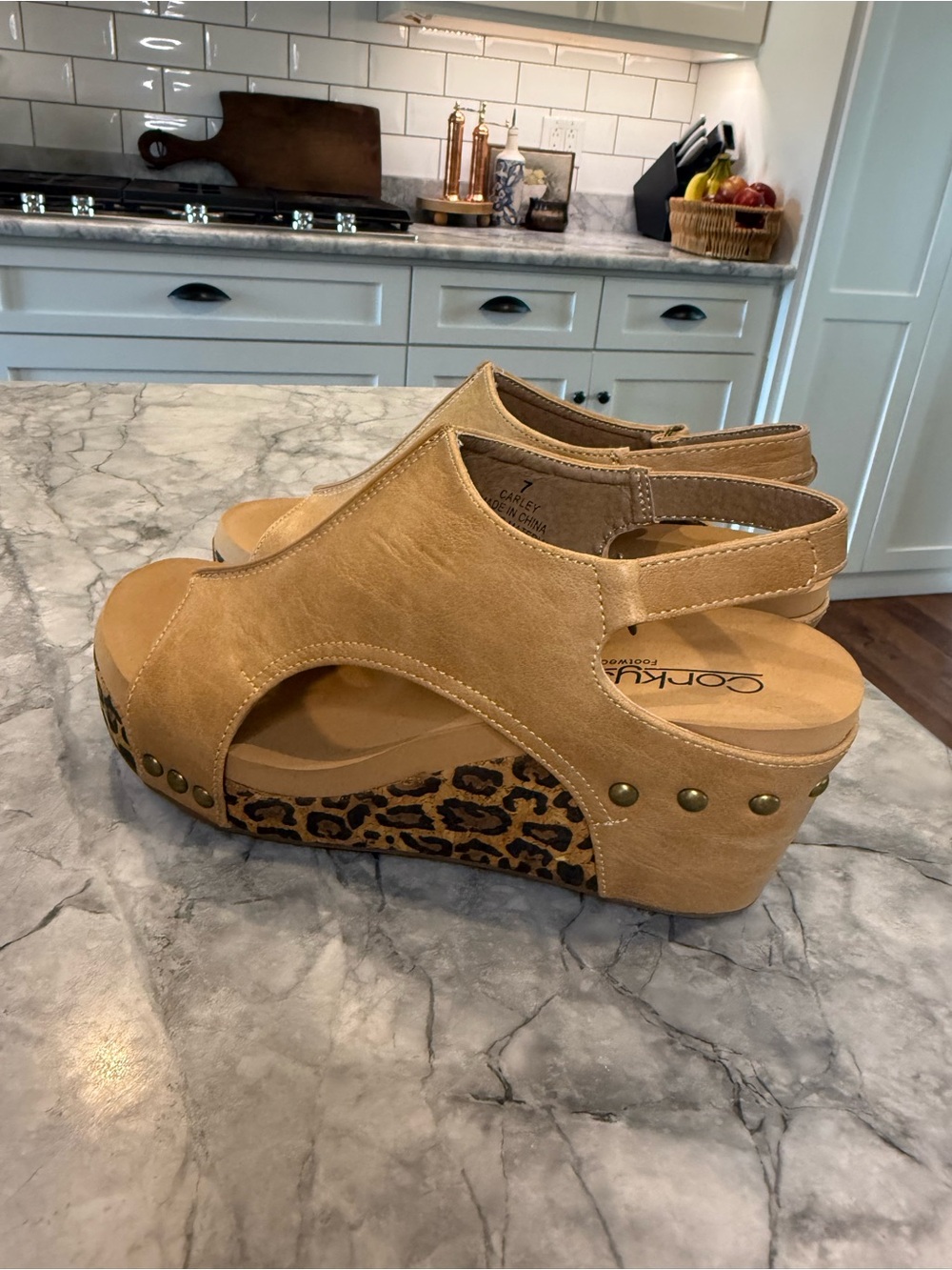 Corkys Tan Wedge Sandals with Leopard-Print Platform